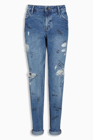 Mid Blue Customised Scribble Boy Fit Jeans